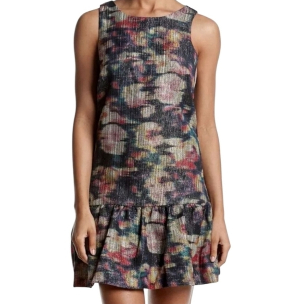NEW Nicole Miller Metallic Floral Sleeveless Ruffle Mini Dress